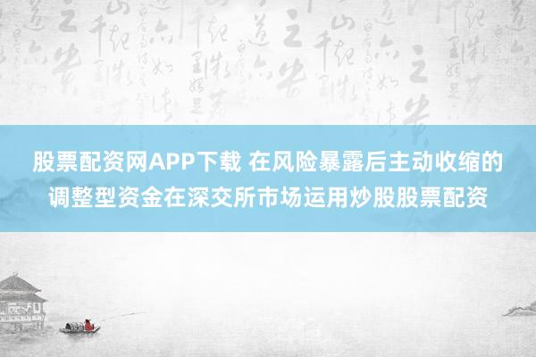 股票配资网APP下载 在风险暴露后主动收缩的调整型资金在深交所市场运用炒股股票配资